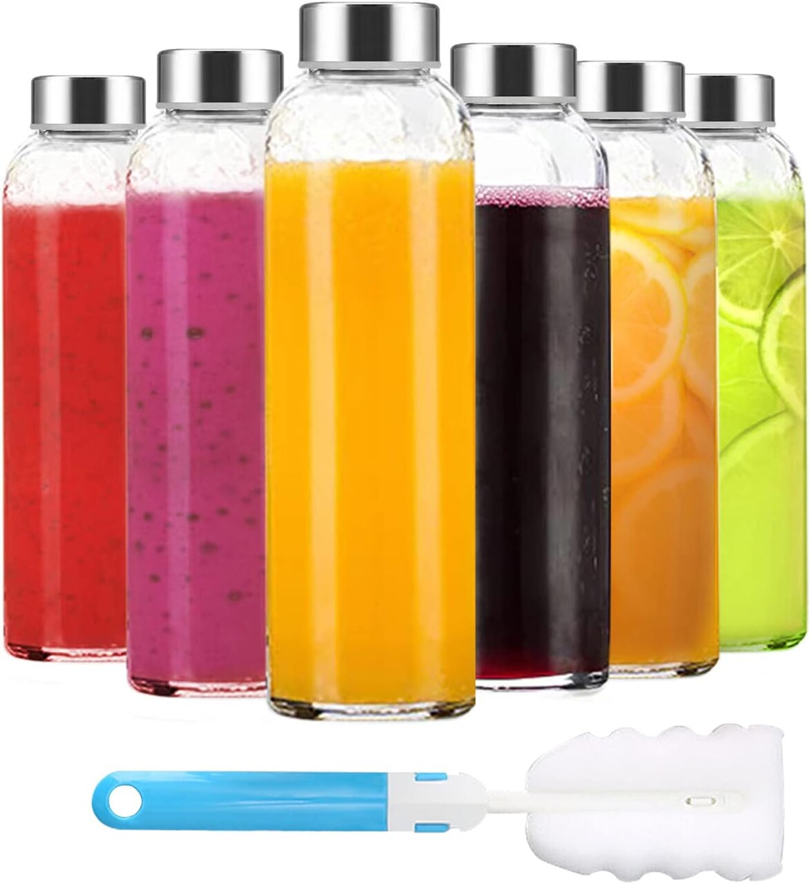 Reusable Glass Water Bottles with Stainless Steel Cap for Juicing (18oz glass 6pack)
